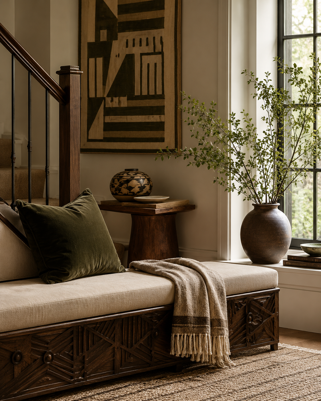 Craftsmanship-inspired interior vignette with bench, textiles, and greenery