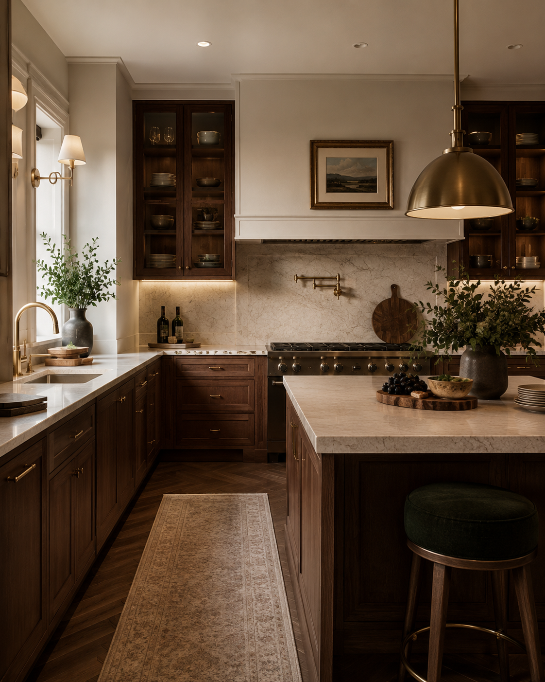 Elegant kitchen with walnut cabinetry and brass details