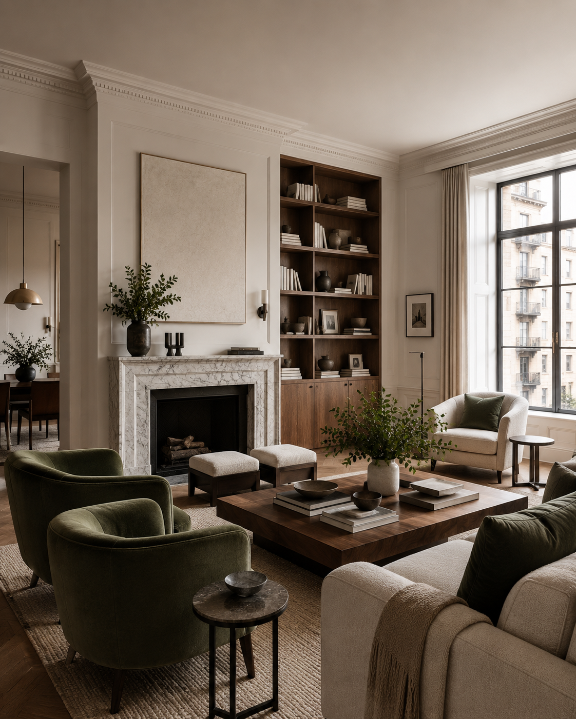 Warm modern living room with custom styling and built-ins
